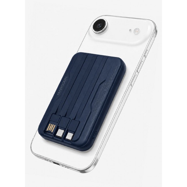MARGOUN Magnetic Power Bank 10000mAh for iPhone 17 Air – MagSafe Compatible Portable Wireless Charger with Built-in Cables Type-C, Lightning, USB & Digital LED Display blue
