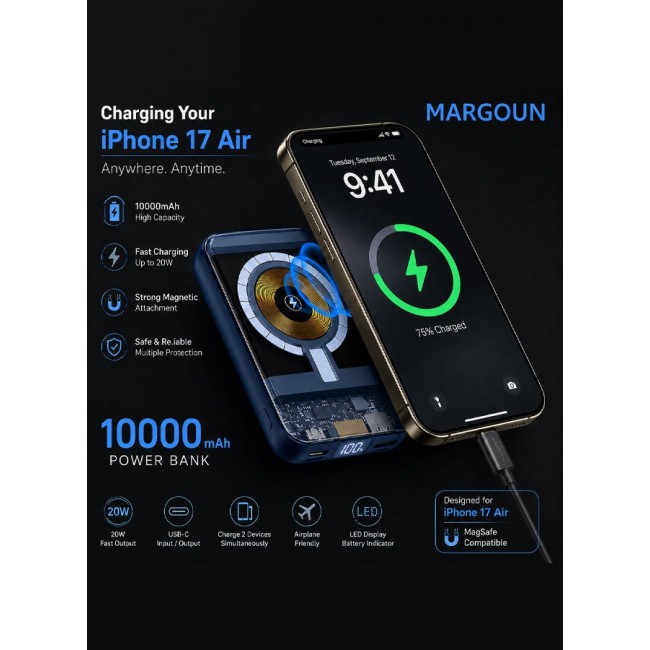 MARGOUN Magnetic Power Bank 10000mAh for iPhone 17 Air – MagSafe Compatible Portable Wireless Charger with Built-in Cables Type-C, Lightning, USB & Digital LED Display blue