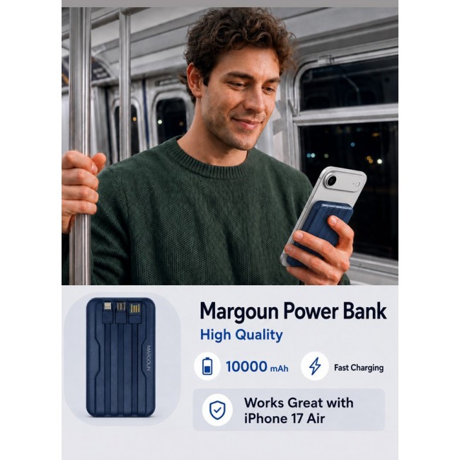 MARGOUN Magnetic Power Bank 10000mAh for iPhone 17 Air – MagSafe Compatible Portable Wireless Charger with Built-in Cables Type-C, Lightning, USB & Digital LED Display blue