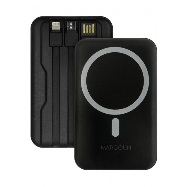 MARGOUN Magnetic Power Bank 10000mAh for iPhone 17 Pro Max – MagSafe Compatible Portable Wireless Charger with Built-in Cables Type-C, Lightning, USB black