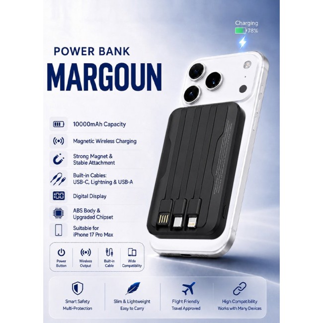 MARGOUN Magnetic Power Bank 10000mAh for iPhone 17 Pro – MagSafe Compatible Portable Wireless Charger with Built-in Cables Type-C, Lightning, USB black