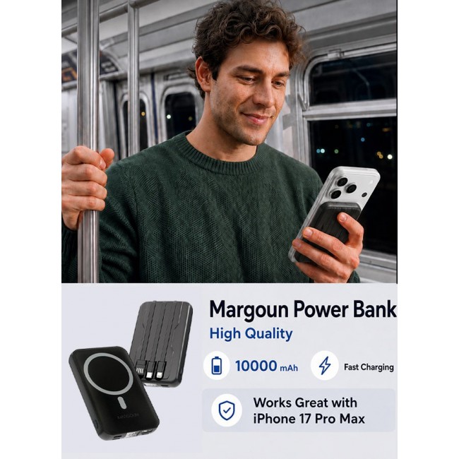 MARGOUN Magnetic Power Bank 10000mAh for iPhone 17 Pro – MagSafe Compatible Portable Wireless Charger with Built-in Cables Type-C, Lightning, USB black
