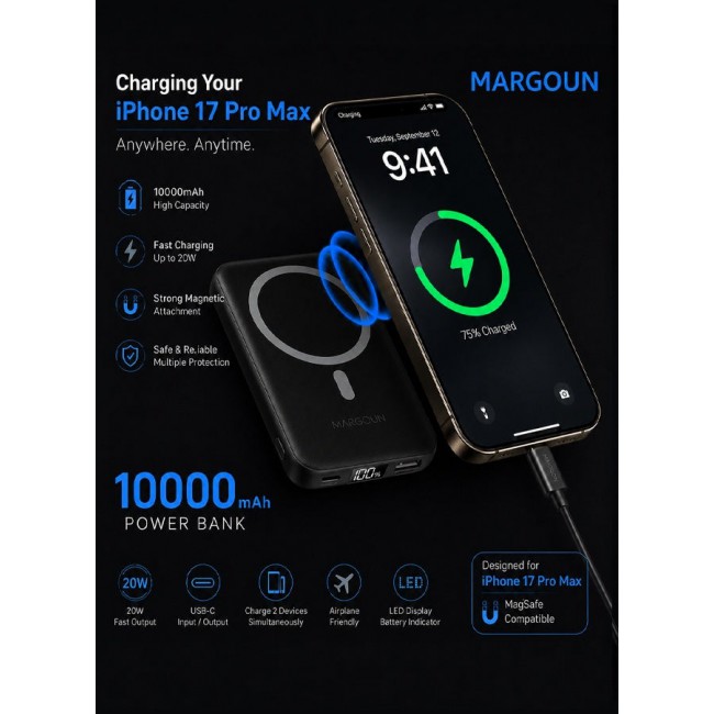 MARGOUN Magnetic Power Bank 10000mAh for iPhone 17 Pro – MagSafe Compatible Portable Wireless Charger with Built-in Cables Type-C, Lightning, USB black