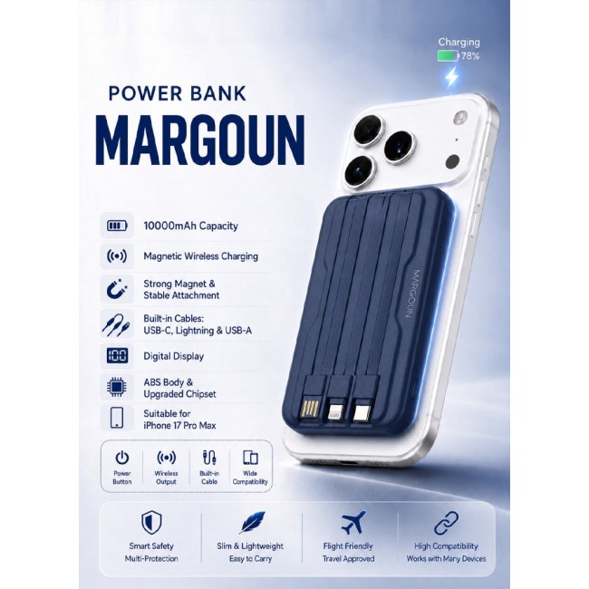 MARGOUN Magnetic Power Bank 10000mAh for iPhone 17 Pro – MagSafe Compatible Portable Wireless Charger with Built-in Cables Type-C, Lightning, USB & Digital LED Display blue