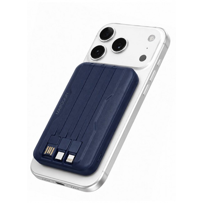 MARGOUN Magnetic Power Bank 10000mAh for iPhone 17 Pro – MagSafe Compatible Portable Wireless Charger with Built-in Cables Type-C, Lightning, USB & Digital LED Display blue