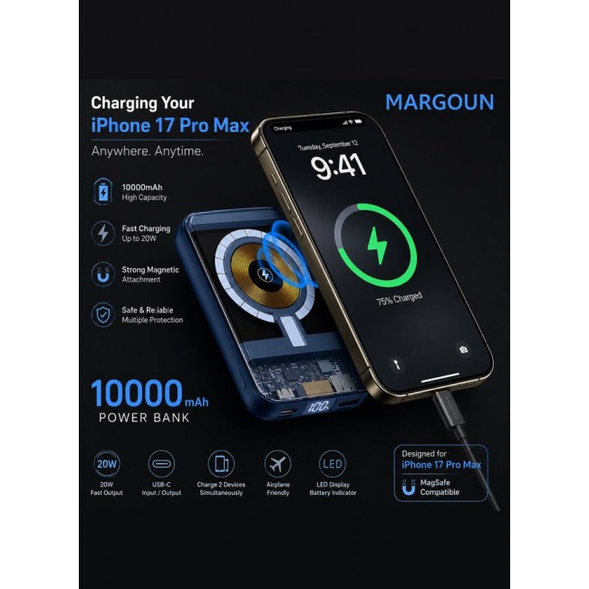 MARGOUN Magnetic Power Bank 10000mAh for iPhone 17 Pro – MagSafe Compatible Portable Wireless Charger with Built-in Cables Type-C, Lightning, USB & Digital LED Display blue