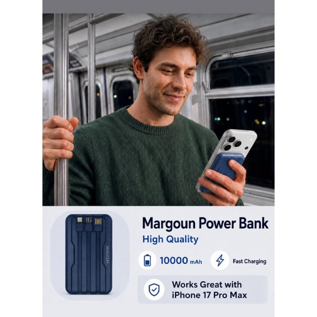 MARGOUN Magnetic Power Bank 10000mAh for iPhone 17 Pro – MagSafe Compatible Portable Wireless Charger with Built-in Cables Type-C, Lightning, USB & Digital LED Display blue