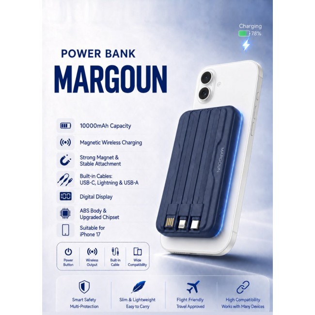 MARGOUN Magnetic Power Bank 10000mAh for iPhone 17 – MagSafe Compatible Portable Wireless Charger with Built-in Cables Type-C, Lightning, USB & Digital LED Display blue