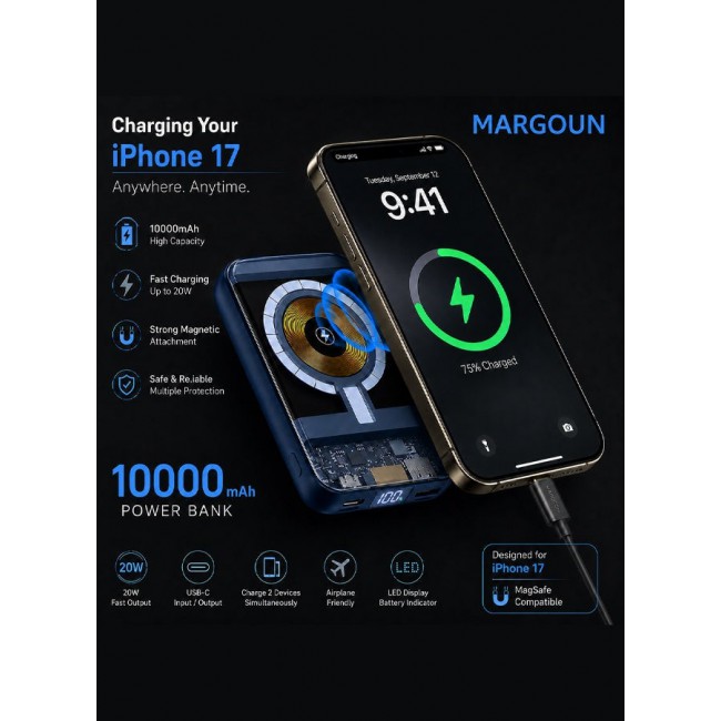 MARGOUN Magnetic Power Bank 10000mAh for iPhone 17 – MagSafe Compatible Portable Wireless Charger with Built-in Cables Type-C, Lightning, USB & Digital LED Display blue