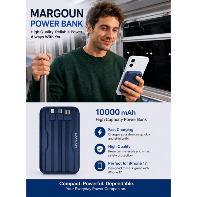 MARGOUN Magnetic Power Bank 10000mAh for iPhone 17 – MagSafe Compatible Portable Wireless Charger with Built-in Cables Type-C, Lightning, USB & Digital LED Display blue
