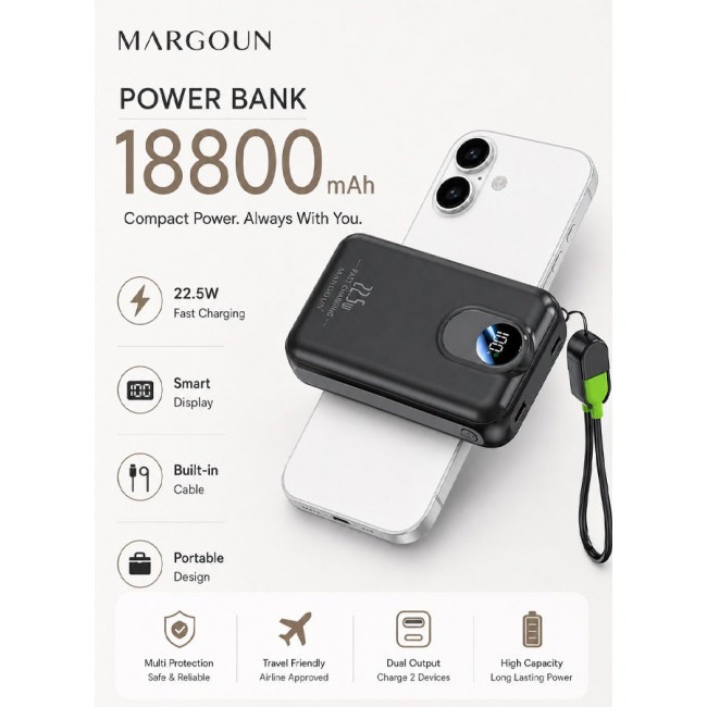 MARGOUN Magnetic Power Bank 18800mAh for iPhone 17 – MagSafe Compatible Portable Wireless Charger, 22.5w Fast Charger with Digital LED Display & Built-in Type-C to Lightning Cable black