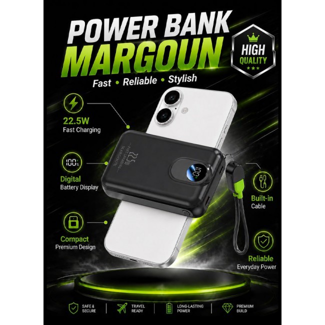 MARGOUN Magnetic Power Bank 18800mAh for iPhone 17 – MagSafe Compatible Portable Wireless Charger, 22.5w Fast Charger with Digital LED Display & Built-in Type-C to Lightning Cable black