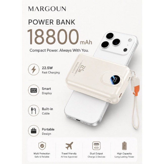 MARGOUN Magnetic Power Bank 18800mAh for iPhone 17 Pro Max – MagSafe Compatible Portable Wireless Charger, 22.5w Fast Charger with Digital LED Display & Built-in Type-C to Lightning Cable beige