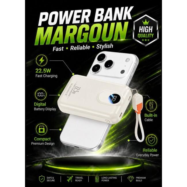 MARGOUN Magnetic Power Bank 18800mAh for iPhone 17 Pro Max – MagSafe Compatible Portable Wireless Charger, 22.5w Fast Charger with Digital LED Display & Built-in Type-C to Lightning Cable beige