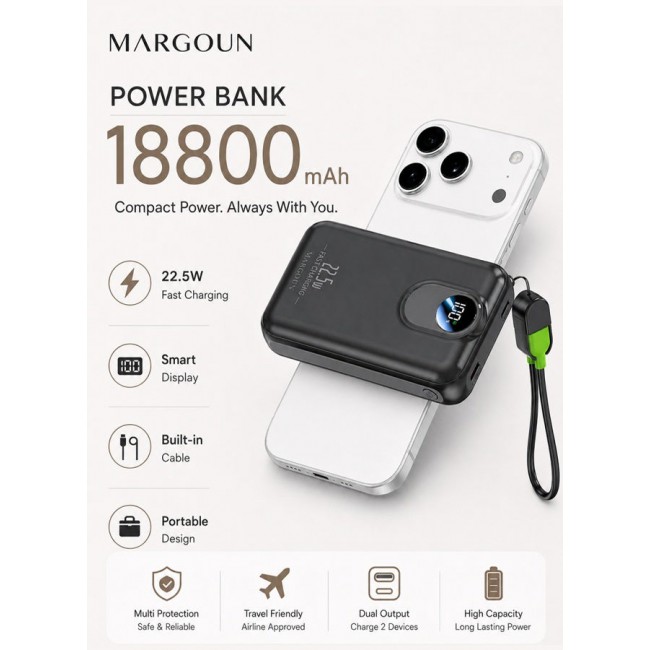 MARGOUN Magnetic Power Bank 18800mAh for iPhone 17 Pro – MagSafe Compatible Portable Wireless Charger, 22.5w Fast Charger with Digital LED Display & Built-in Type-C to Lightning Cable black