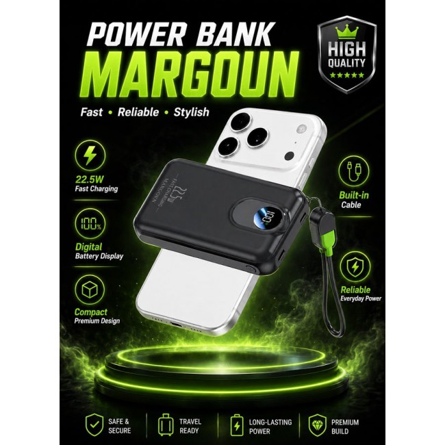 MARGOUN Magnetic Power Bank 18800mAh for iPhone 17 Pro – MagSafe Compatible Portable Wireless Charger, 22.5w Fast Charger with Digital LED Display & Built-in Type-C to Lightning Cable black