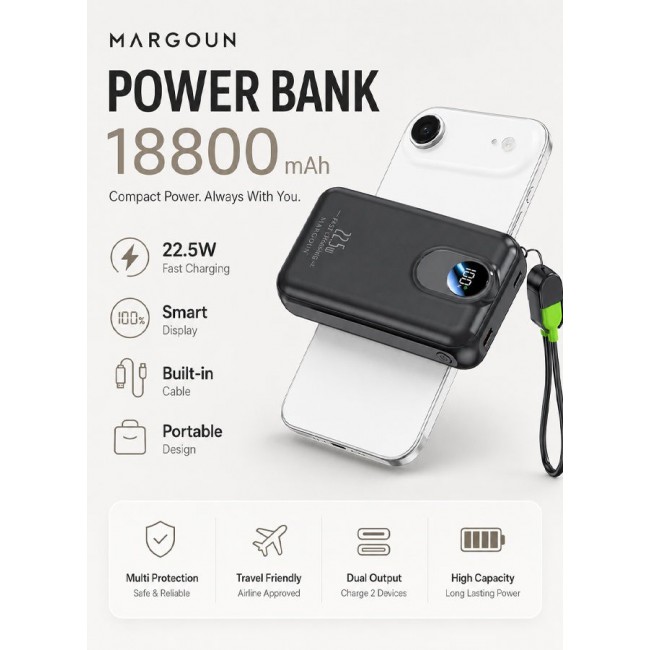 MARGOUN Magnetic Power Bank 18800mAh for iPhone 17 Air – MagSafe Compatible Portable Wireless Charger, 22.5w Fast Charger with Digital LED Display & Built-in Type-C to Lightning Cable black