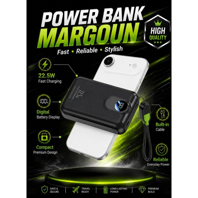 MARGOUN Magnetic Power Bank 18800mAh for iPhone 17 Air – MagSafe Compatible Portable Wireless Charger, 22.5w Fast Charger with Digital LED Display & Built-in Type-C to Lightning Cable black