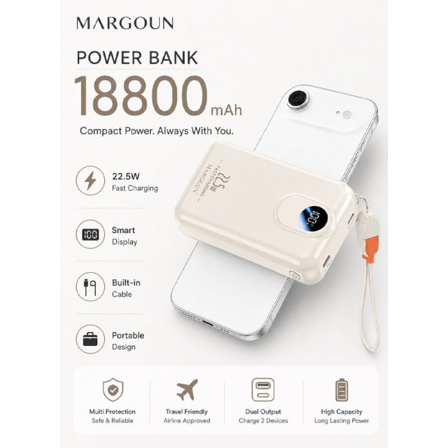 MARGOUN Magnetic Power Bank 18800mAh for iPhone 17 Air – MagSafe Compatible Portable Wireless Charger, 22.5w Fast Charger with Digital LED Display & Built-in Type-C to Lightning Cable beige