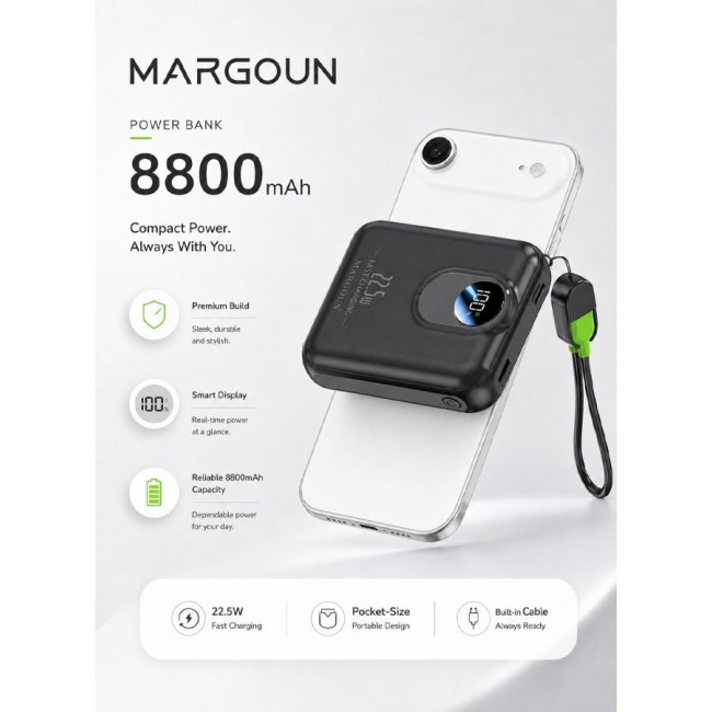 MARGOUN Magnetic Power Bank 8800mAh for iPhone 17 Air – MagSafe Compatible Portable Wireless Charger, 22.5w Fast Charger with Digital LED Display & Built-in Type-C to Lightning Cable black