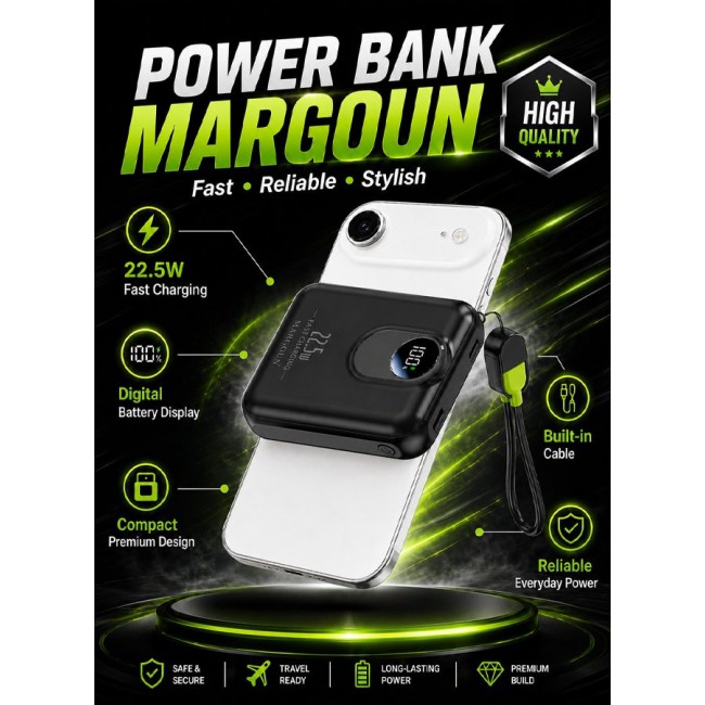 MARGOUN Magnetic Power Bank 8800mAh for iPhone 17 Air – MagSafe Compatible Portable Wireless Charger, 22.5w Fast Charger with Digital LED Display & Built-in Type-C to Lightning Cable black