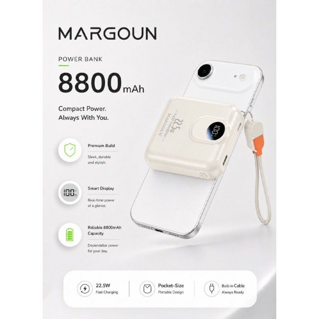 MARGOUN Magnetic Power Bank 8800mAh for iPhone 17 Air – MagSafe Compatible Portable Wireless Charger, 22.5w Fast Charger with Digital LED Display & Built-in Type-C to Lightning Cable beige