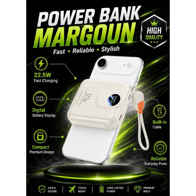 MARGOUN Magnetic Power Bank 8800mAh for iPhone 17 Air – MagSafe Compatible Portable Wireless Charger, 22.5w Fast Charger with Digital LED Display & Built-in Type-C to Lightning Cable beige