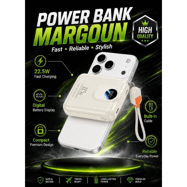 MARGOUN Magnetic Power Bank 8800mAh for iPhone 17 Pro – MagSafe Compatible Portable Wireless Charger, 22.5w Fast Charger with Digital LED Display & Built-in Type-C to Lightning Cable beige