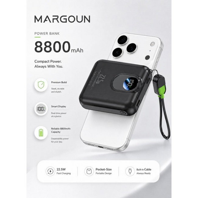 MARGOUN Magnetic Power Bank 8800mAh for iPhone 17 Pro – MagSafe Compatible Portable Wireless Charger, 22.5w Fast Charger with Digital LED Display & Built-in Type-C to Lightning Cable black