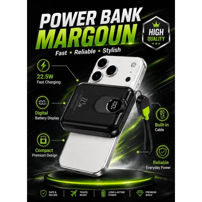 MARGOUN Magnetic Power Bank 8800mAh for iPhone 17 Pro – MagSafe Compatible Portable Wireless Charger, 22.5w Fast Charger with Digital LED Display & Built-in Type-C to Lightning Cable black