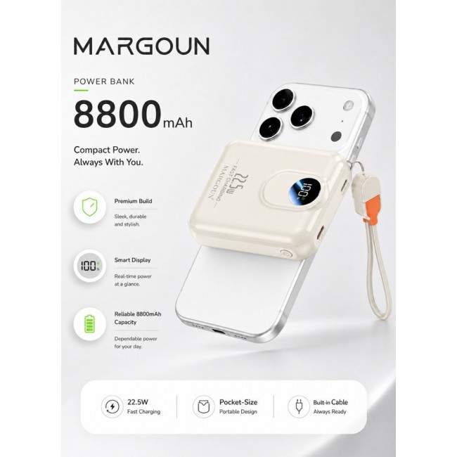 MARGOUN Magnetic Power Bank 8800mAh for iPhone 17 Pro Max – MagSafe Compatible Portable Wireless Charger, 22.5w Fast Charger with Digital LED Display & Built-in Type-C to Lightning Cable beige