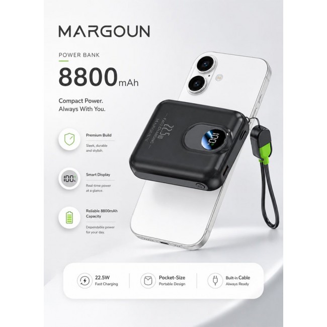 MARGOUN Magnetic Power Bank 8800mAh for iPhone 17 – MagSafe Compatible Portable Wireless Charger, 22.5w Fast Charger with Digital LED Display & Built-in Type-C to Lightning Cable black