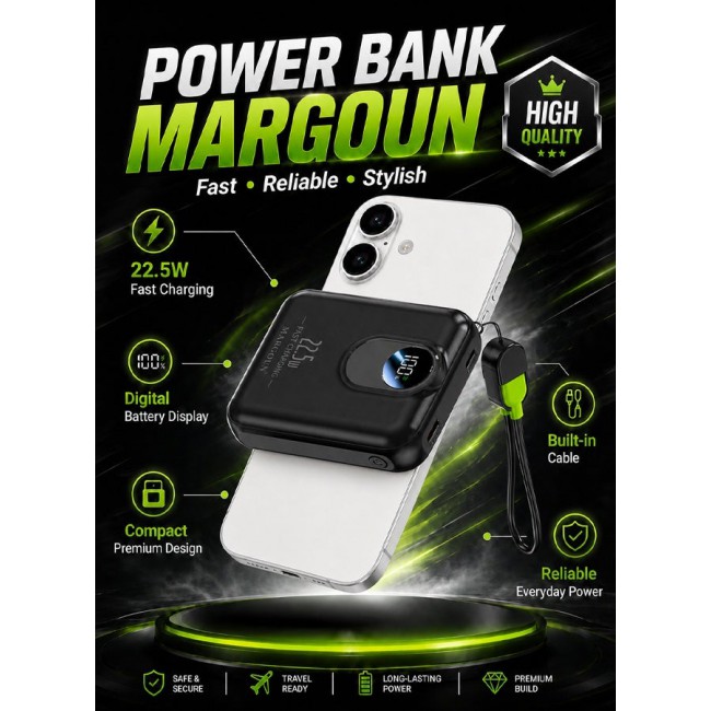 MARGOUN Magnetic Power Bank 8800mAh for iPhone 17 – MagSafe Compatible Portable Wireless Charger, 22.5w Fast Charger with Digital LED Display & Built-in Type-C to Lightning Cable black