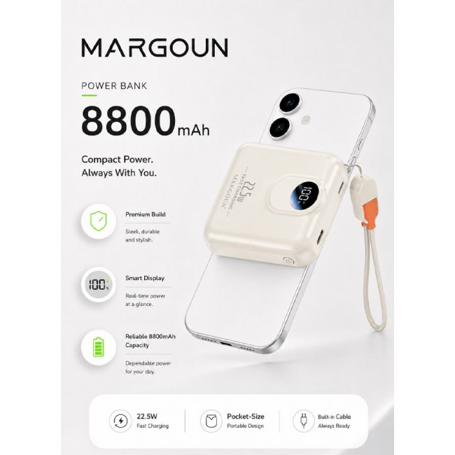 MARGOUN Magnetic Power Bank 8800mAh for iPhone 17 – MagSafe Compatible Portable Wireless Charger, 22.5w Fast Charger with Digital LED Display & Built-in Type-C to Lightning Cable beige