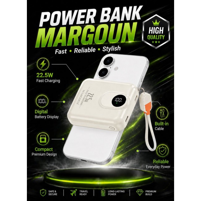 MARGOUN Magnetic Power Bank 8800mAh for iPhone 17 – MagSafe Compatible Portable Wireless Charger, 22.5w Fast Charger with Digital LED Display & Built-in Type-C to Lightning Cable beige