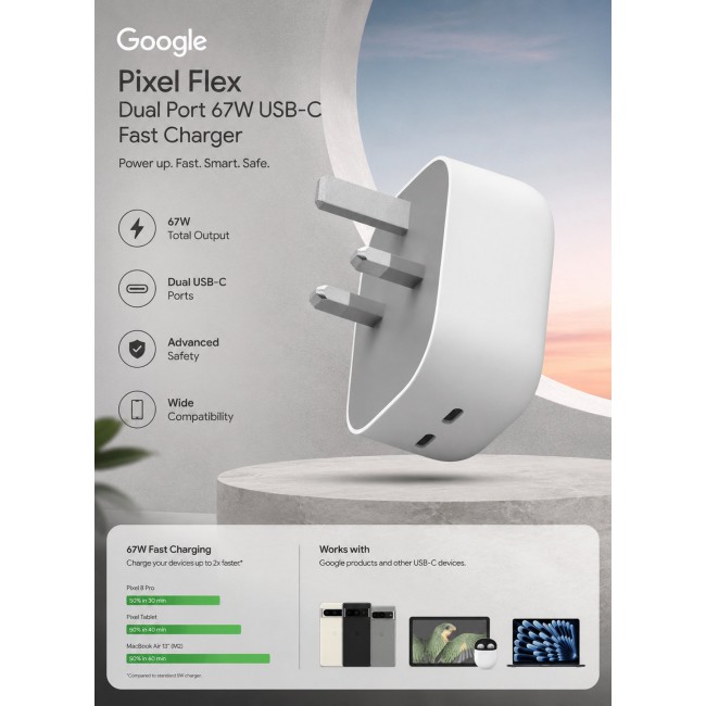 Google Pixel Flex Dual Port 67W USB-C Fast Charger, UAE 3-PinU Wall Adapter for Phones and Tablets White