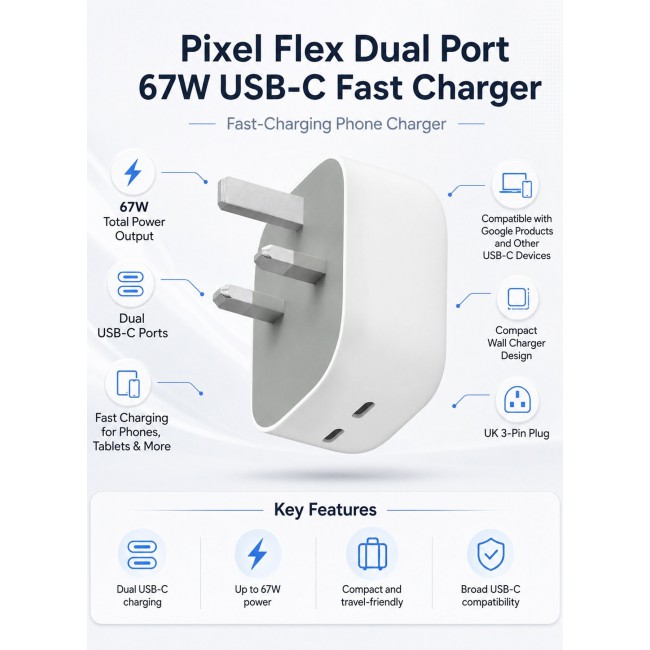Google Pixel Flex Dual Port 67W USB-C Fast Charger, UAE 3-PinU Wall Adapter for Phones and Tablets White