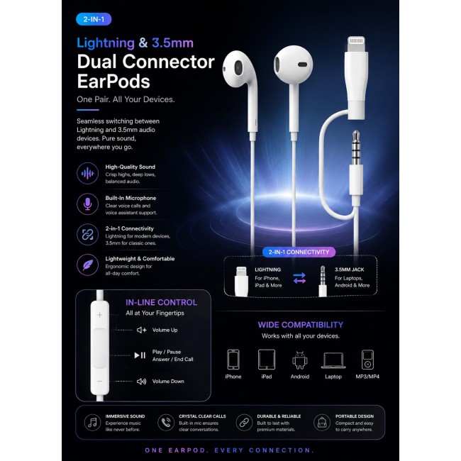 MARGOUN 3.5mm In-Ear Wired Earphones with Lightning Adapter (Microphone and Volume Control), Dual Connector