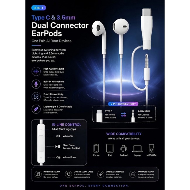 MARGOUN 3.5mm In-Ear Wired Earphones with Type-C Adapter (Microphone and Volume Control),Dual Connector