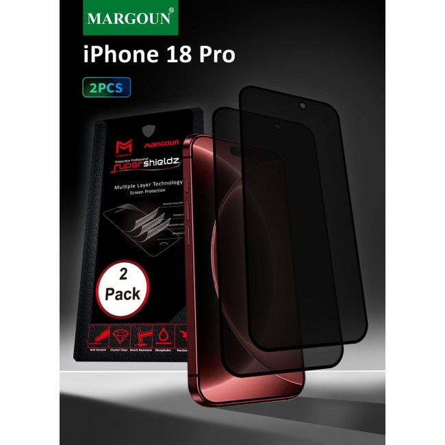 MARGOUN 2 Pack For iPhone 18 Pro Privacy Tempered Glass Screen Protector - Anti-Spy 9H Hardness Edge-to-Edge Screen Cover Guard 2 Pack