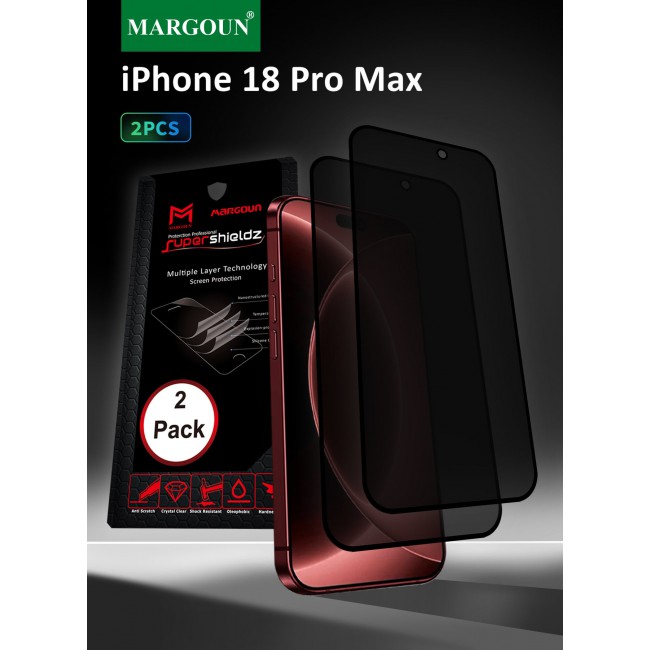 MARGOUN 2 Pack For iPhone 18 Pro Max Privacy Tempered Glass Screen Protector - Anti-Spy 9H Hardness Edge-to-Edge Screen Cover Guard 2 Pack