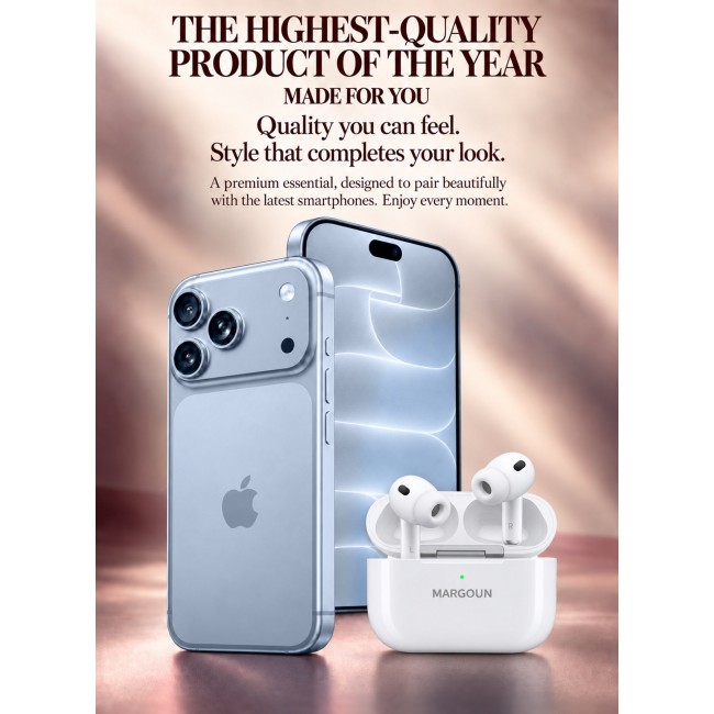 MARGOUN Wireless Earbuds Pro 3 with ANC Wireless Earbuds for iPhone 18 Pro - Active Noise Cancelling Bluetooth Earphones White-Airpods Pro 3