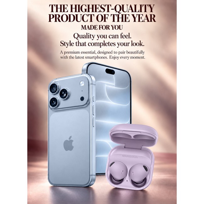 MARGOUN Premium Buds 2 Pro (2nd Gen) Wireless Earbuds for iPhone 18 Pro - High-Fidelity Bluetooth Earphones with Smart Touch & Ergonomic Fit Lavender-Buds 2 Pro