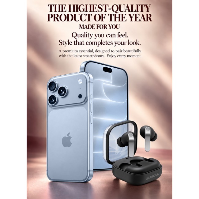 MARGOUN Premium Buds 4 Pro (4th Gen) Wireless Earbuds for iPhone 18 Pro - High-Fidelity Bluetooth Earphones with Smart Touch & Ergonomic Fit Black-Buds 4 Pro