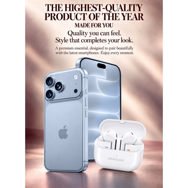 MARGOUN Premium Buds 3 Pro (3rd Gen) Wireless Earbuds for iPhone 18 Pro - High-Fidelity Bluetooth Earphones with Smart Touch & Ergonomic Fit White-Buds 3 Pro