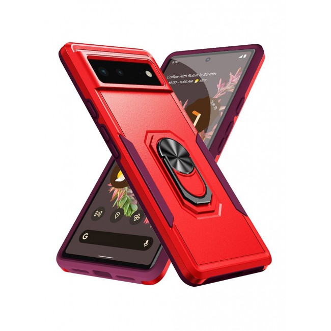 CATANES Google Pixel 6a Hybrid Case with Magnetic Metal Ring Holder Kickstand Rugged Drop Protection Cover Red