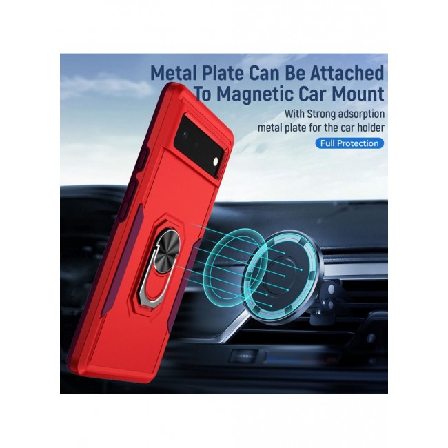 CATANES Google Pixel 6a Hybrid Case with Magnetic Metal Ring Holder Kickstand Rugged Drop Protection Cover Red