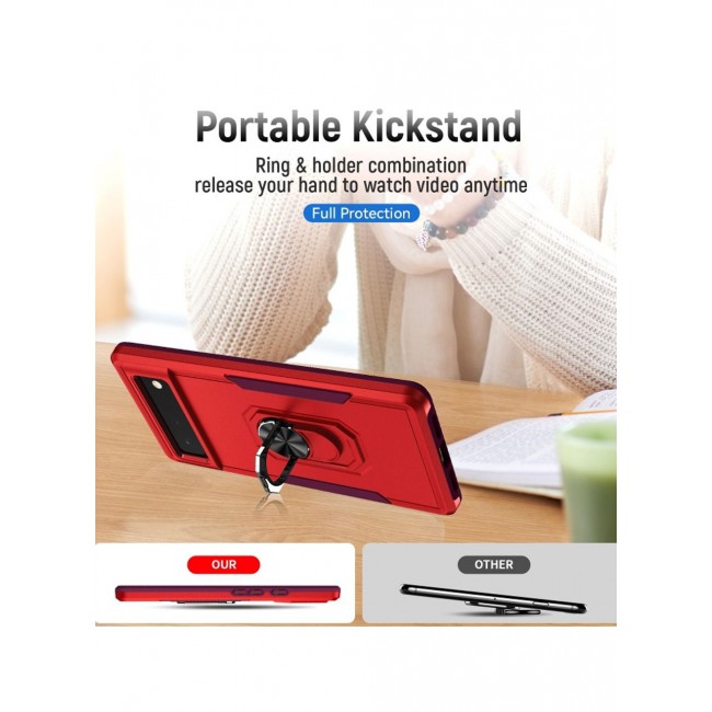 CATANES Google Pixel 6a Hybrid Case with Magnetic Metal Ring Holder Kickstand Rugged Drop Protection Cover Red