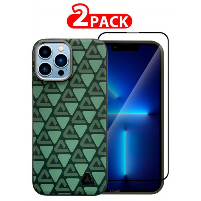 CATANES (for iPhone 13 Pro Max) 2 Pack Case and Screen Protector Leather Back Cover Triangle Pattern Shockproof Protective Phone Case Green