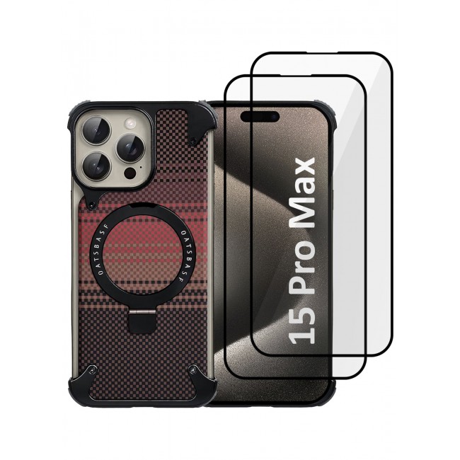 CATANES 3Packs Case Cover for iPhone 15 Pro Max, Magnetic Ring Stand, Carbon Fiber Texture, Shockproof Armor, MagSafe Compatible with Two Screen Protectors - Brown
